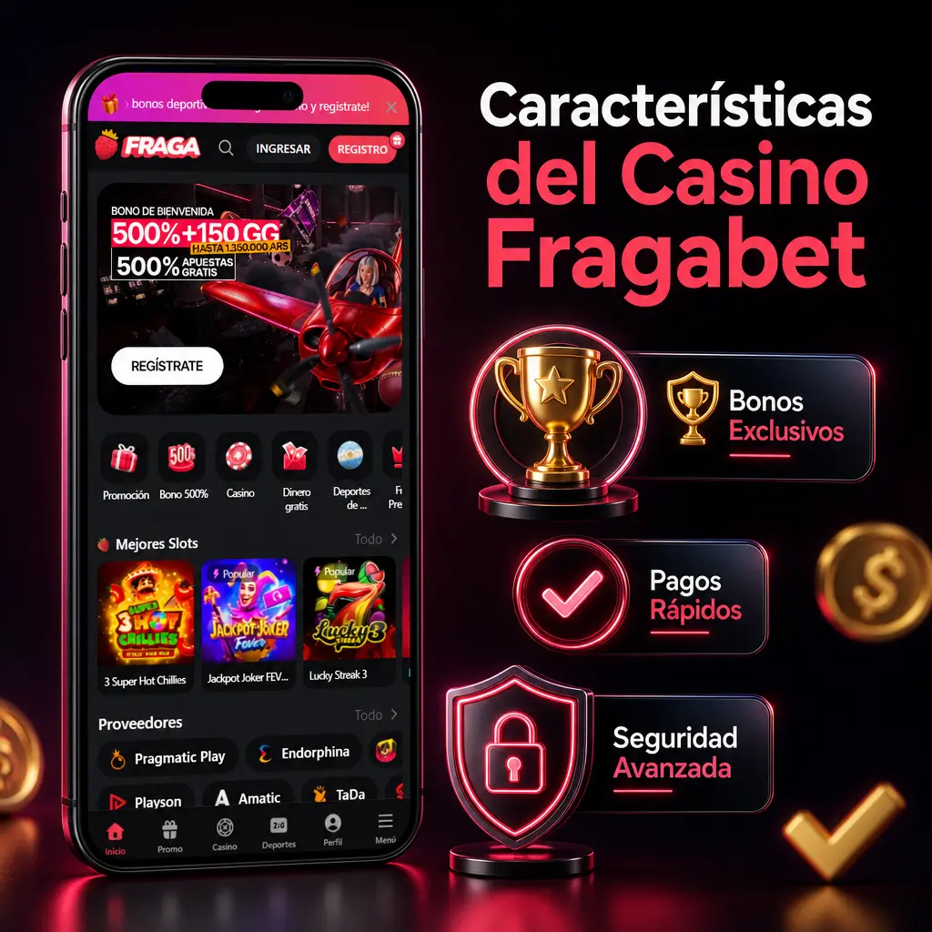 Características de Fragabet casino: retiros rápidos, más de 10 métodos de pago, soporte 24 horas y bono progresivo en 5 depósitos.