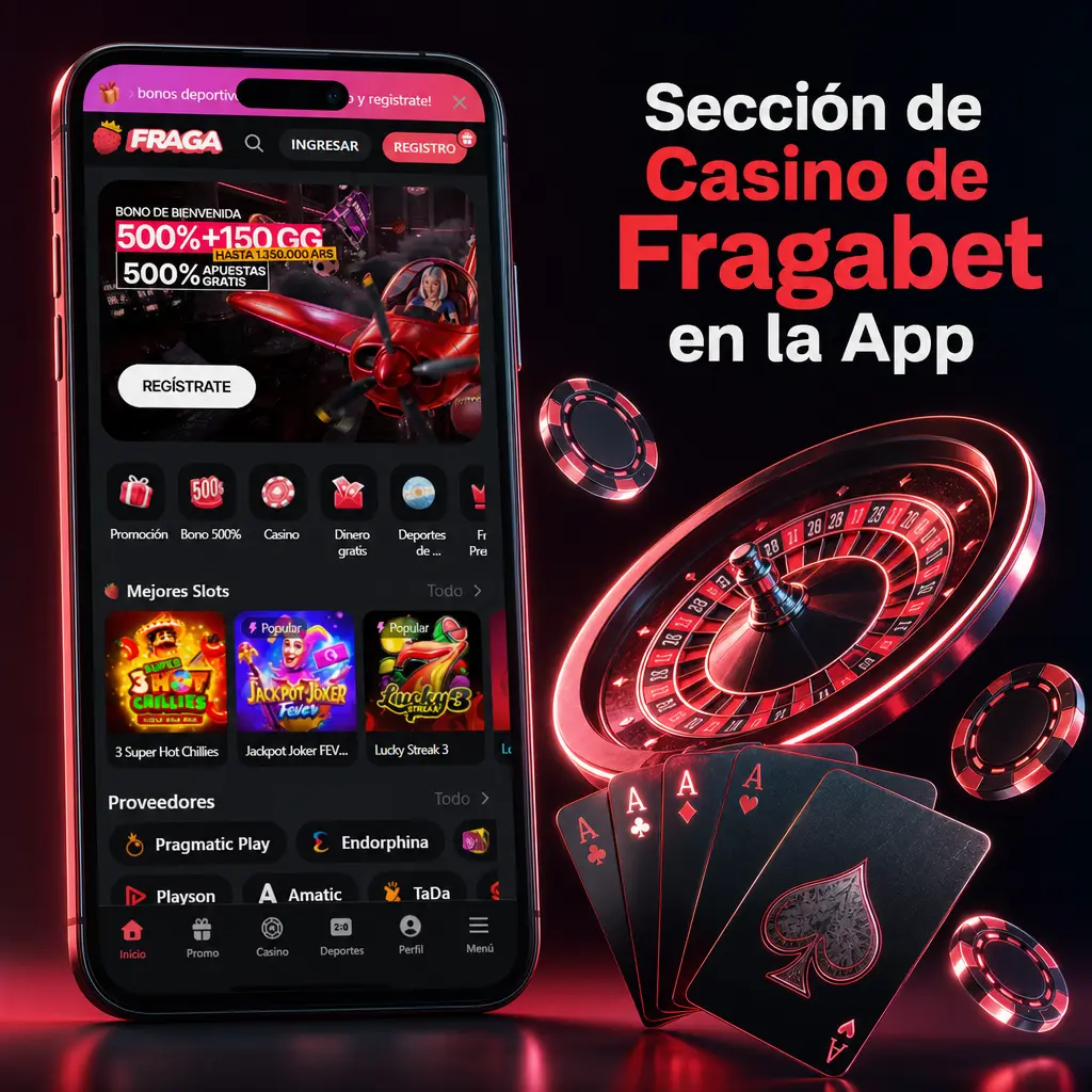 Sección de casino en la app de Fragabet con tragamonedas, mesas en vivo, jackpots y apuestas deportivas virtuales.
